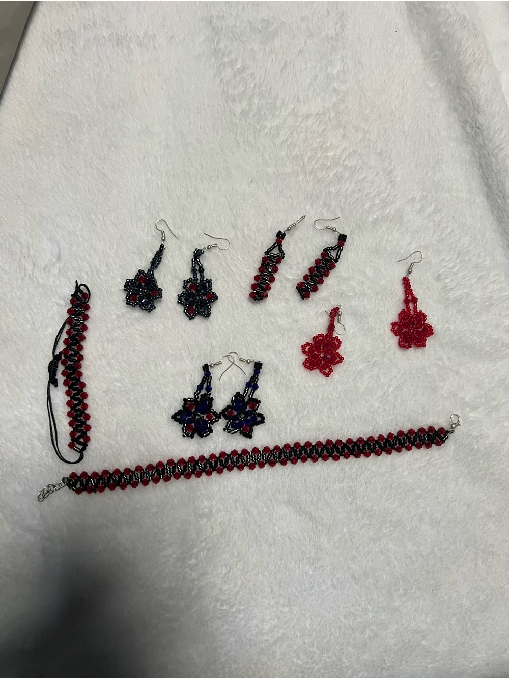 Handmade Beaded Red and Black Jewelry Set - Necklace Bracelet Earrings